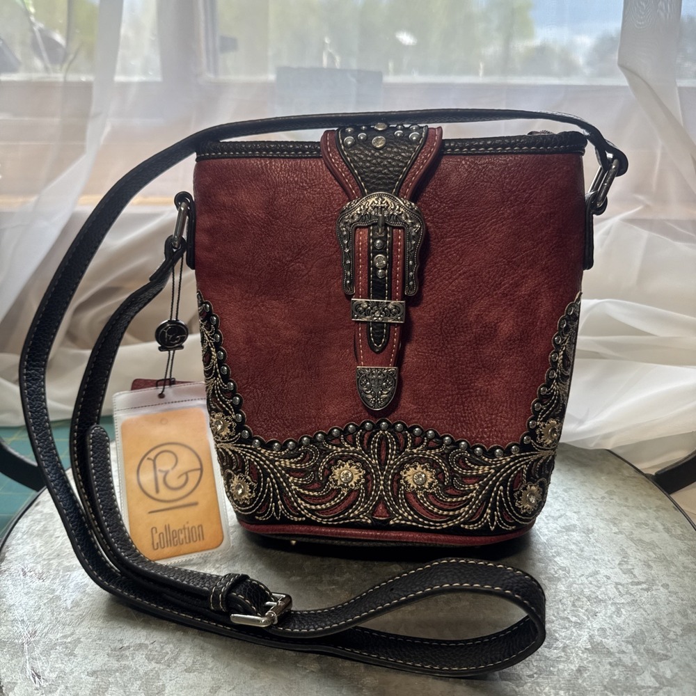 P & G Western Crossbody Purse W Rhinestones New With Tags Red maroon Western